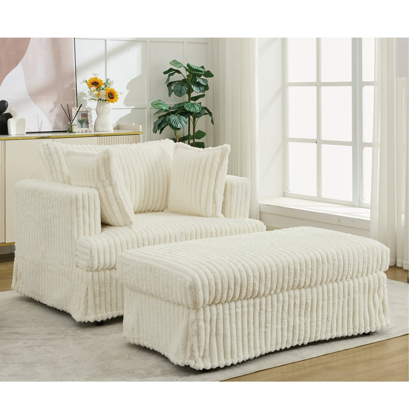 Chaise longue surdimensionnée en velours côtelé de 47,7 po avec repose-pieds, fauteuil inclinable à siège profond, coussin rembourré épais et confortable, avec repose-pieds, surdimensionné, repose-pieds mobile, beige