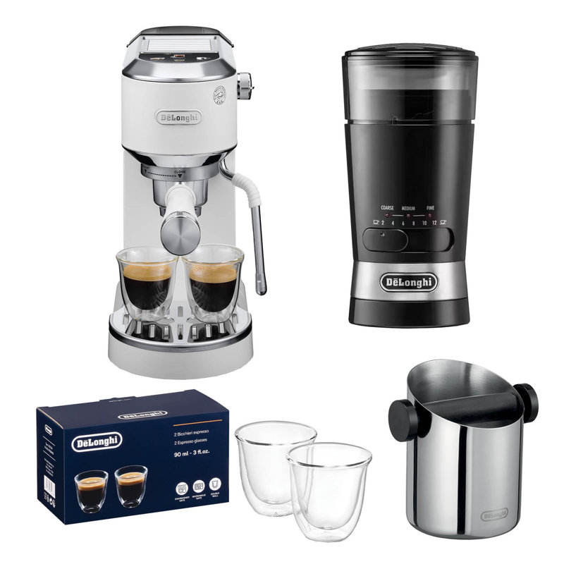 Dedica Duo Coffee Machine, Knock Box, Grinder & Latte Glasses Silver, White