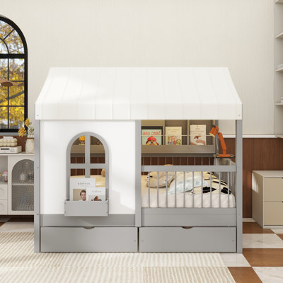 Full Size House Bed With 2 Large Drawers, Side Bookshelf With LED Strip, Gray