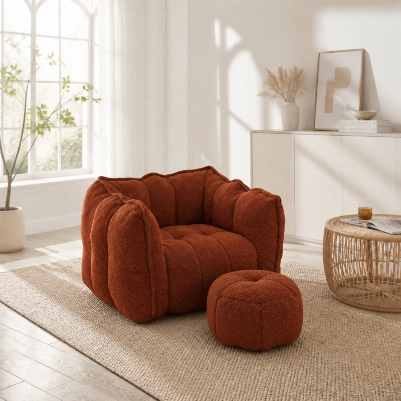Pouf poire en chenille rouge-brun avec repose-pieds pour adultes - Grand pouf en mousse à mémoire de forme, Brun rouge