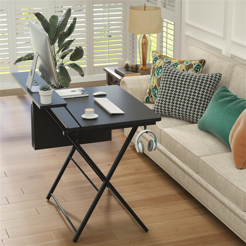 Folding Table With Monitor Stand, Small Computer Table With Storage Pocket And Hooks, Black
