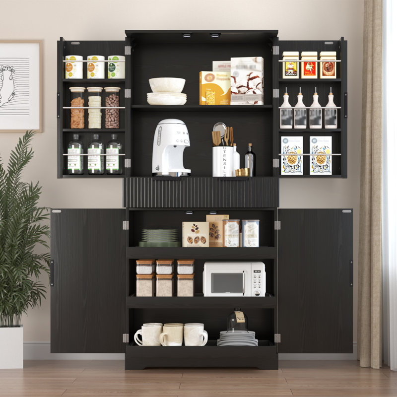 72" Fluted Kitchen Pantry Cabinet With 3 Keyboard Drawers & 6 Door Shelves Adjustable, Freestanding Cupboard Storage Cabinet For For Bathroom Diningroom, Office, Entryway, Black