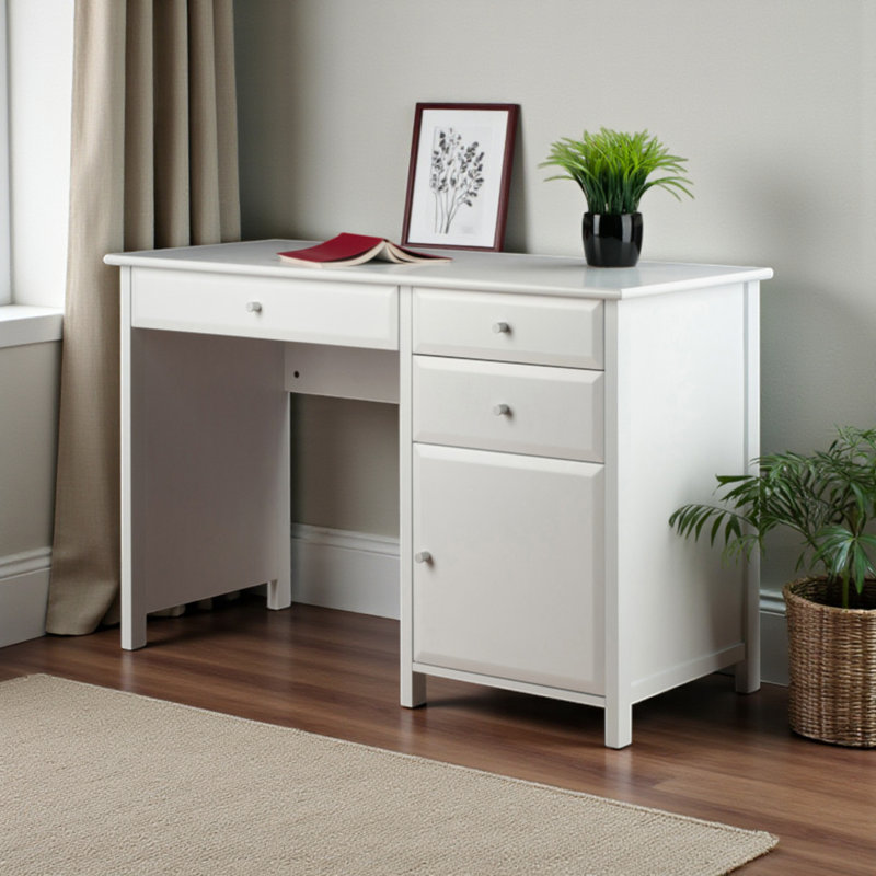 Roscoe White Finished 3 Soft Close Drawers & 1-Cabinet Writing Desk, 30.64" H X 47.21" W X 19.85" D, White