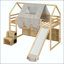 Lit mezzanine simple en bois avec structure de maison, tente, glissade et rangement-1503238069