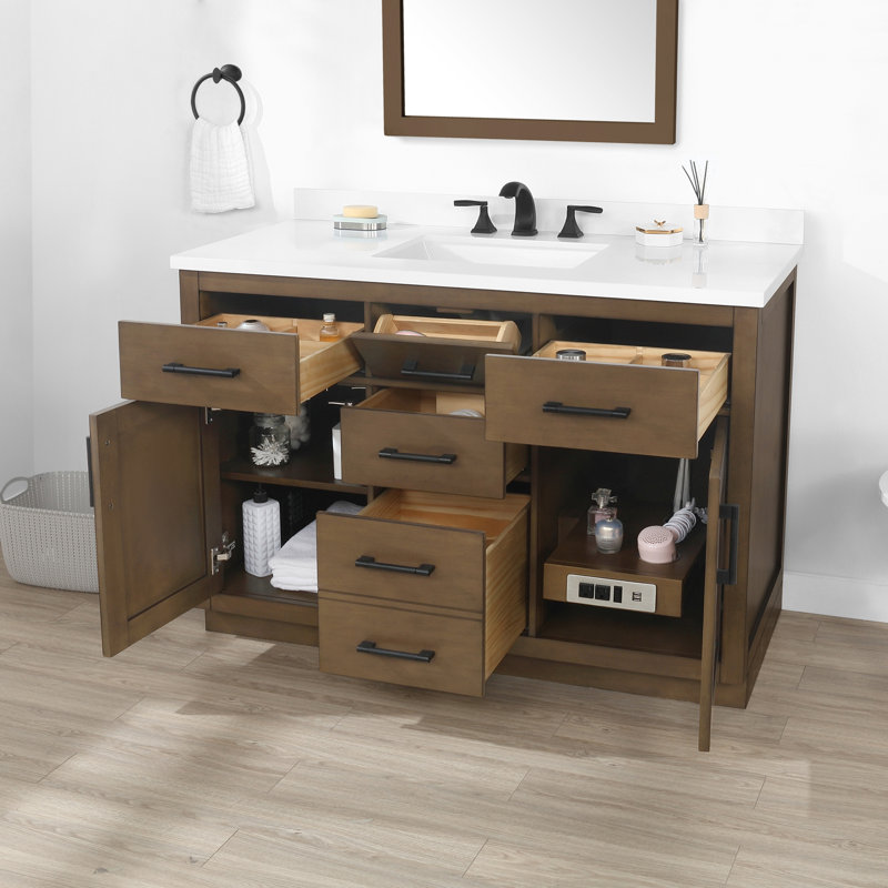 Meuble-lavabo autoportant à lattes simple en amande avec comptoir en pierre blanche et dosseret Bailey de 48 po Bailey