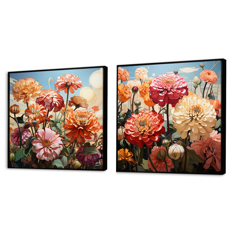 Zinnias avec leurs formes tout en courbes - Zinnias, Cadre flottant noir, H 16 po x l 33 po