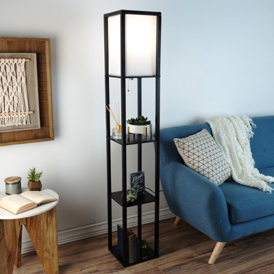 Modern Floor Lamp With 3-Tier Shelving, LED Lighting, And Open Rectangular Fabric Shade For Home Décor And Organization