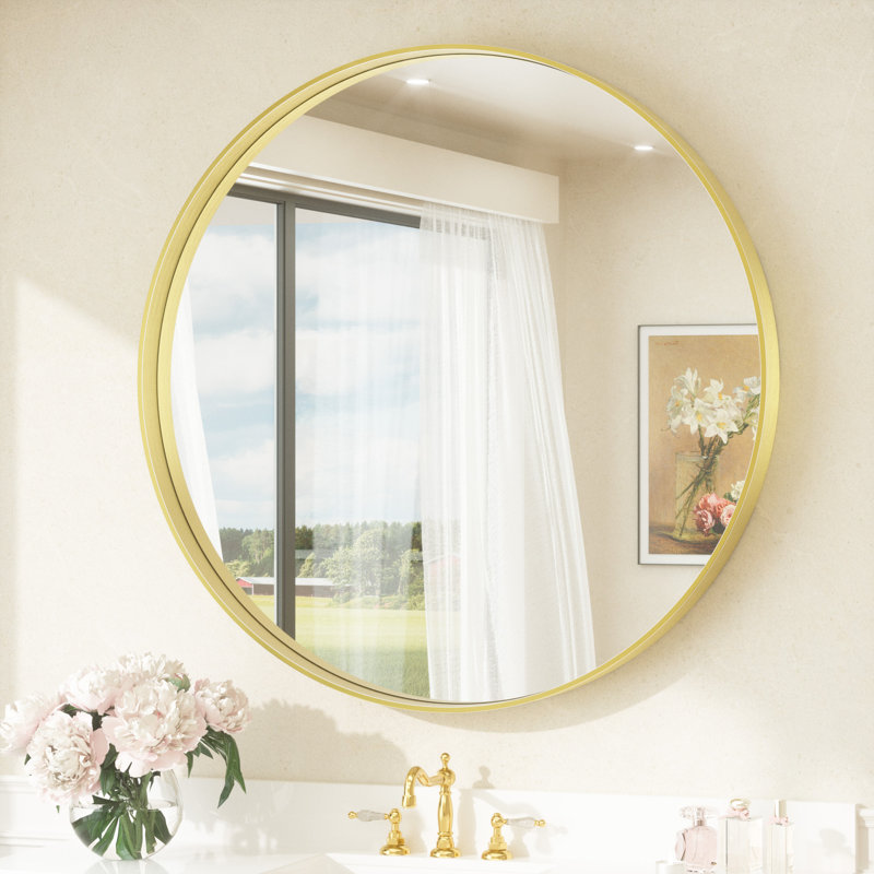 Puttnam Modern Round Bathroom Mirror with 2" Aluminum Alloy Frame, Shatter-proof Film, French Cleat Mounted, Gold, 36" x 36"
