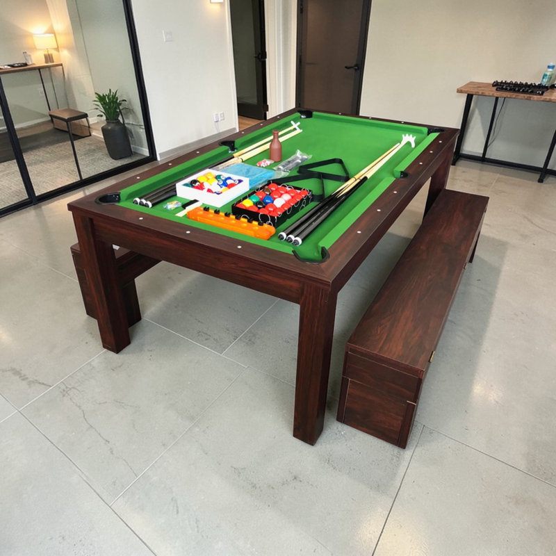Table de billard convertible 7 pi avec dessus de salle à manger, bancs de rangement et accessoires complets RICH GREEN, Vert