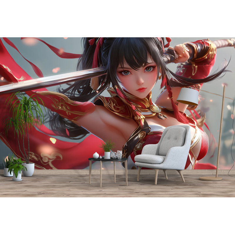 Papier peint dynamique rouge Kimono Samurai, L 144 po x l 100 po, Non tissé