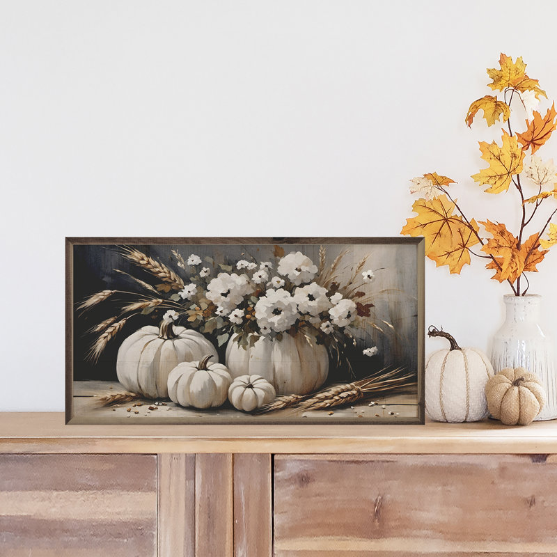 «Four White Pumpkin Bouquet» sur bois, H 8 po x l 16 po