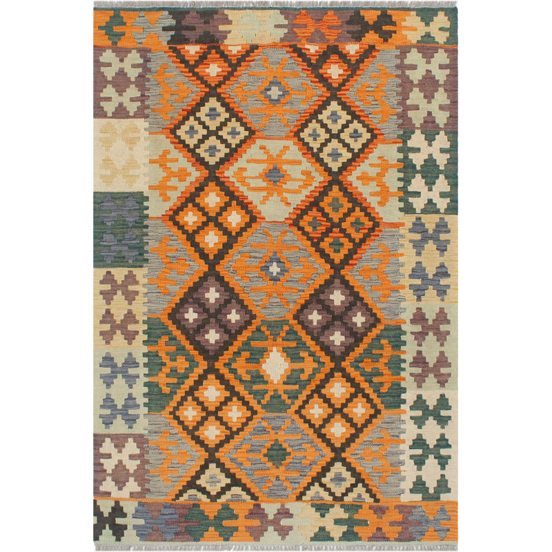 Tapis orange / vert en laine noué à la main 3 pi 3 po x 4 pi 9 po Cedorah Southwestern