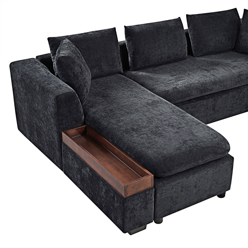 Upholstered Sectional Sofa With Storage Compartment, Black Chenille