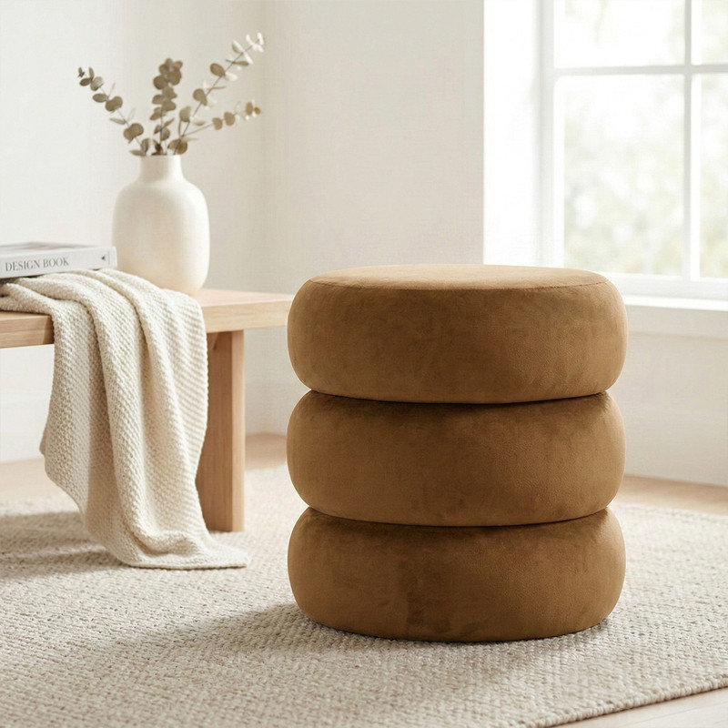 Modern Velvet Round Pouf With Storage, Camel