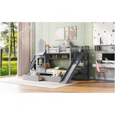 Lit superposé simple au-dessus d'un lit simple avec 2 tiroirs, 3 tablettes et glissière - gris
