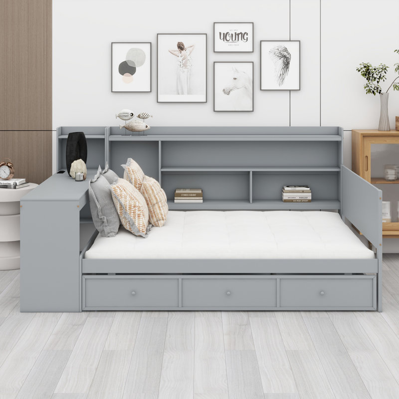 Lit de jour avec 3 tiroirs, ports USB et bureau, gris