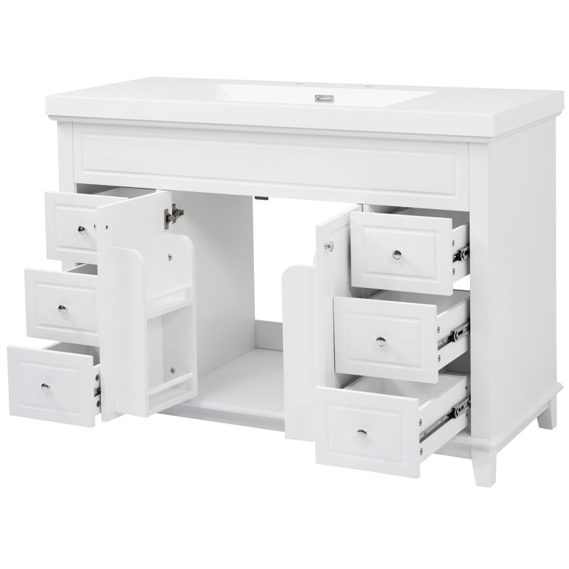 Meuble-lavabo 48 po avec lavabo en résine, tiroirs et portes à fermeture en douceur, pieds en pin massif
