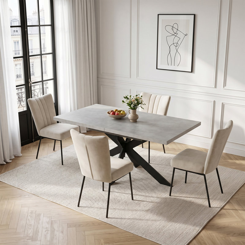 Extendable Dining Table Set for 6, 130–170 cm Extendable Gray Tabletop, Metal Cross-Leg Base with Fabric Chairs, Modern Style Table Set for Dining Room and Kitchen