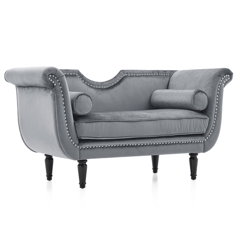 Celestine Velvet Glam Bench With Nailhead Trim & Curved Arms, Gray