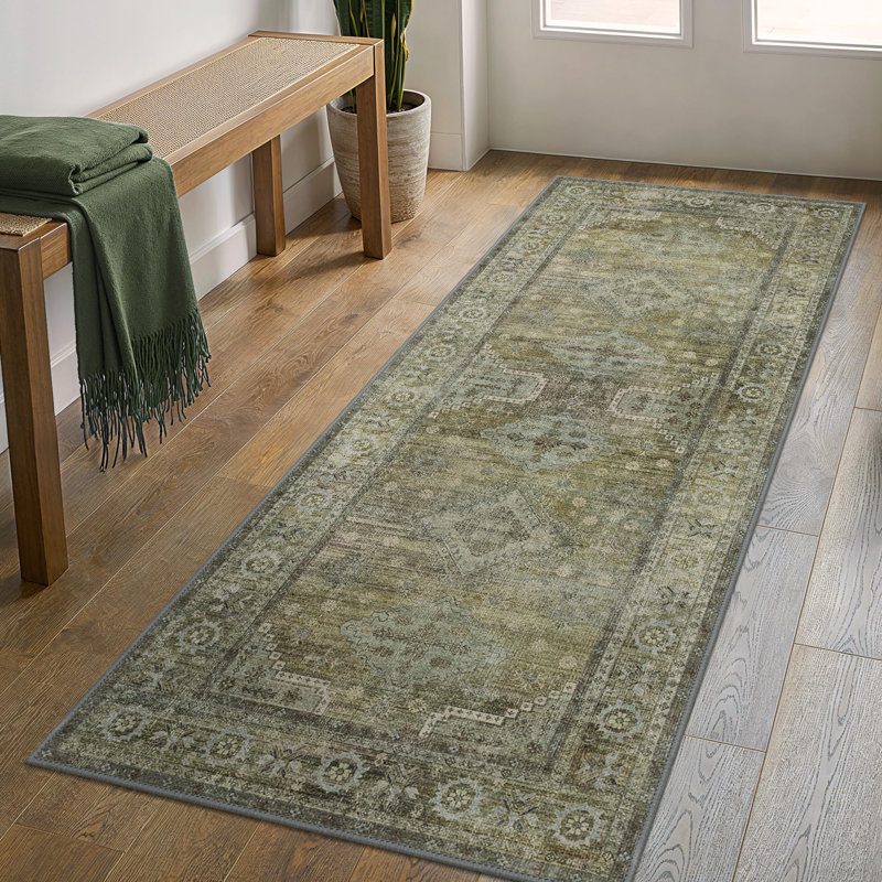 Oriental Sage / Gray Easy Clean Non-Slip Washable Performance Area Rug , Runner 2' x 5'