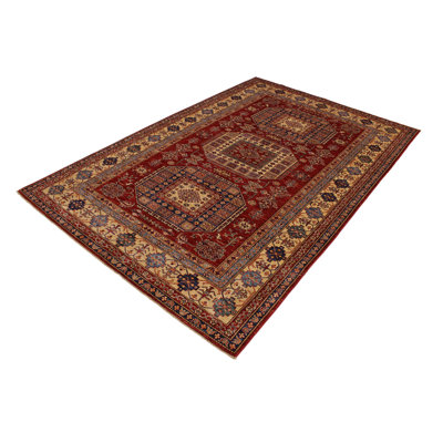 Tapis rouge / jaune en laine noué à la main 6 pi 8 po x 9 pi 11 po Lovorko