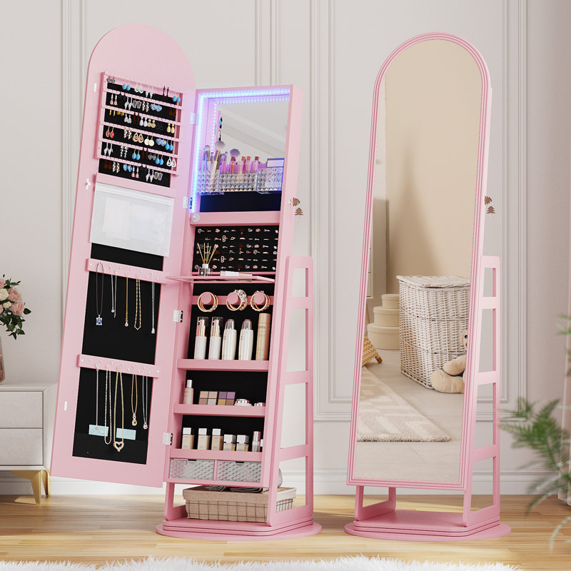 22"Wide Freestanding Jewellery Armoire with Mirror,LED, Pink