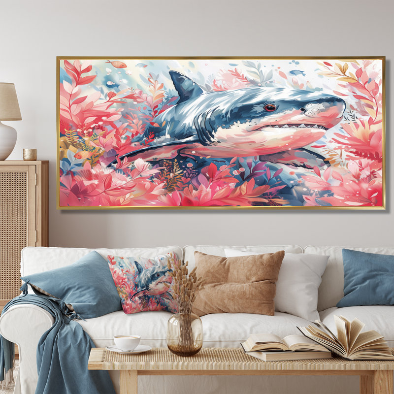 Pink Grey hunting shark watercolor II - Shark Large Wall Art, Gold Floater Framed, 28'' H x 60'' W