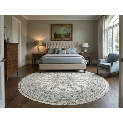 Cream Traditional 6X6 Indo-Nain Oriental Round Rug