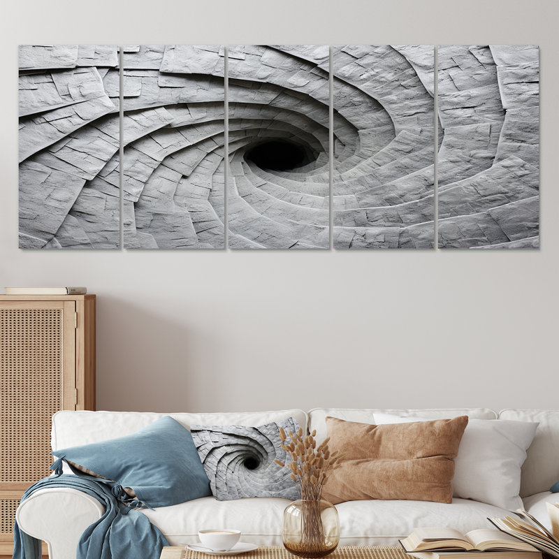 «Grey Spiraling Fractal Sprial III - Abstract Spirals», art mural 5 pièces, H 28 po x l 60 po