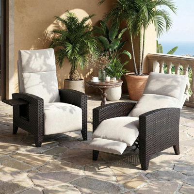 Outdoor Wicker Reclining Chair Set with Adjustable Backrest & Footrest – 150° Reclining Patio Lounge Chair with Flip-Up Side Table, Removable Cushion & Air Pump for Deck & Pool