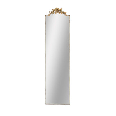 Large Rectangular Full-Length Mirror with Distressed Ivory Frame and Elegant Floral Crown for Home Decor
