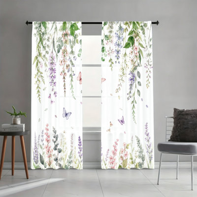 2 panneaux de rideaux filtrant la lumière, papillon aquarelle et glycine suspendue, impression printanière, décoration intérieure, passe-tringle, installation facile des rideaux de fenêtre pour le salon, la chambre à coucher et la décoration de l'armoire