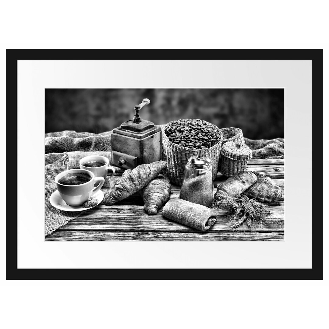 Gerahmtes Poster Aromatischer Kaffee mit Croissant