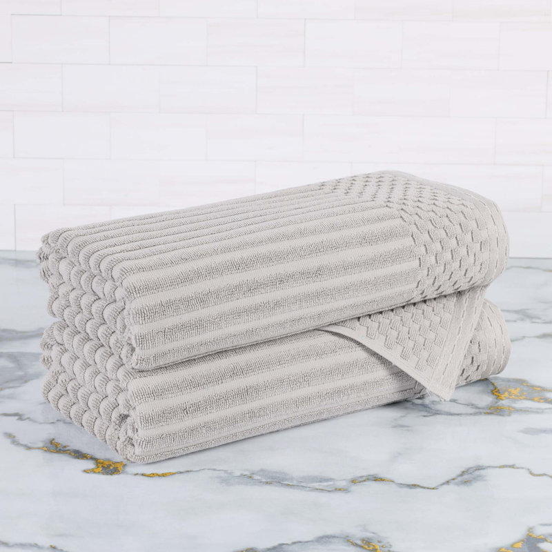 Ruvins Cotton Highly Absorbent Solid and Checkered Border Bath Towel Set, Silver