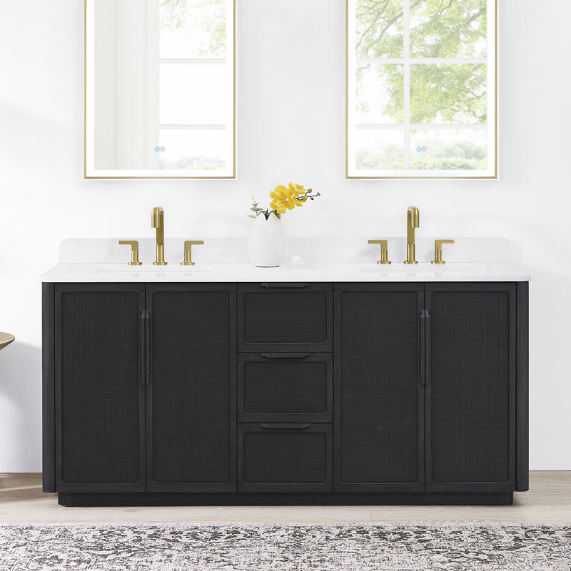 Busan 72" Double Bath Vanity with White Quartz Stone Top, Oak Classic Black
