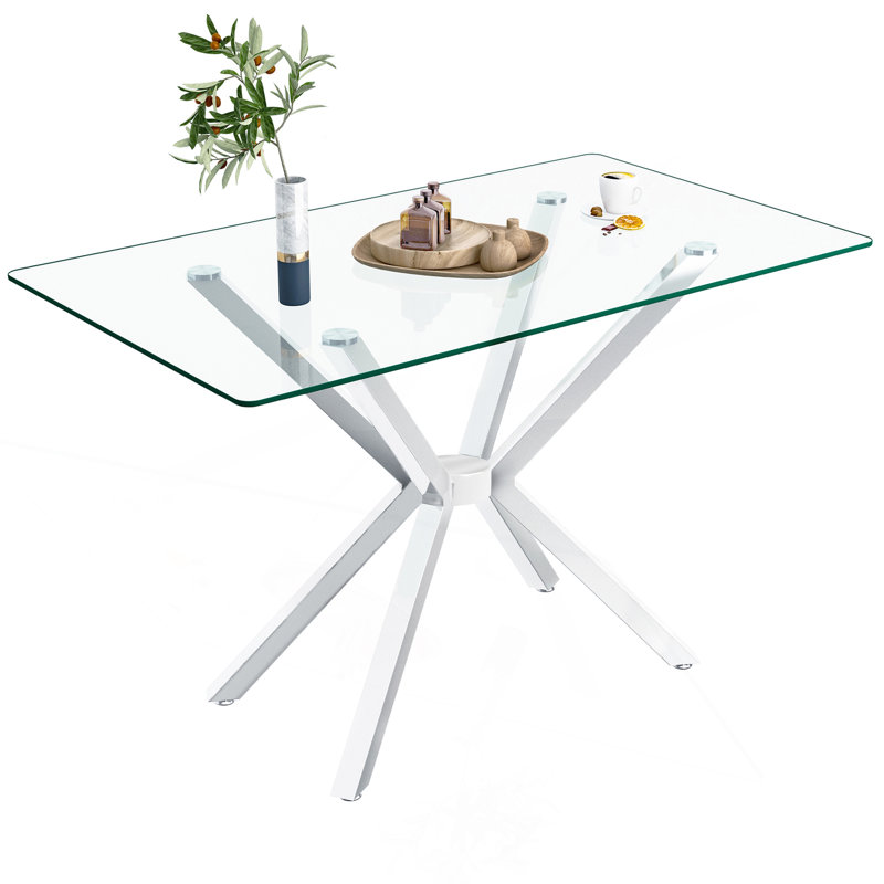 47.24" Rectangular Clear Tempered Glass Dining Table,Stylish Design With Metal Legs, Kitchen Table For Dining Room, Silver