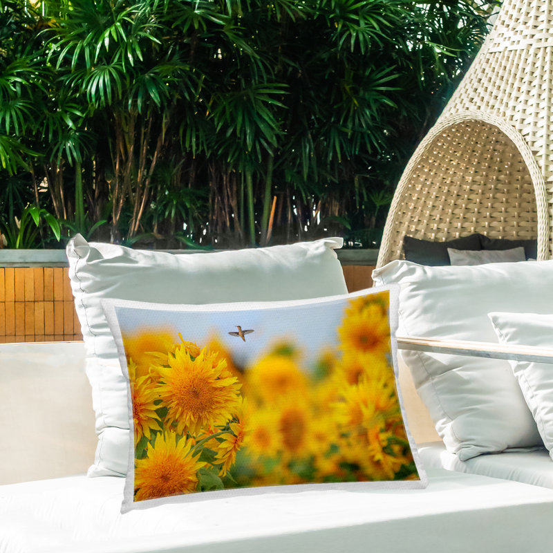 Happy Hummingbird & Sunflowers Outdoor Printed Pillow design by Carrie Ann Grippo-Pike