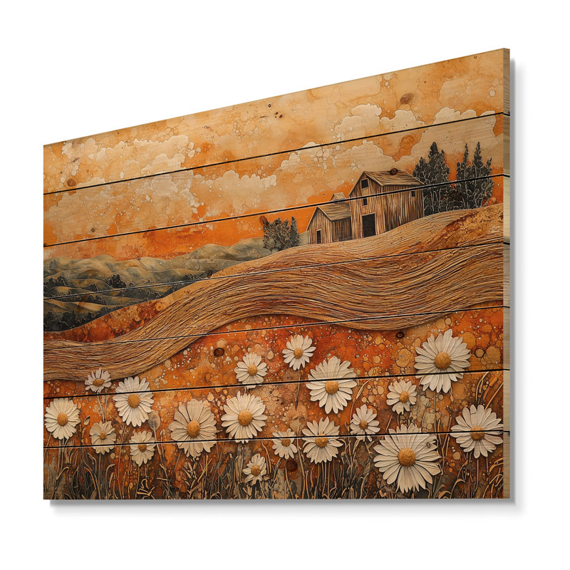 «Daisies Flowers Barn Bold Landscape II» - impression sur bois de marguerites - sur bois de pin naturel
