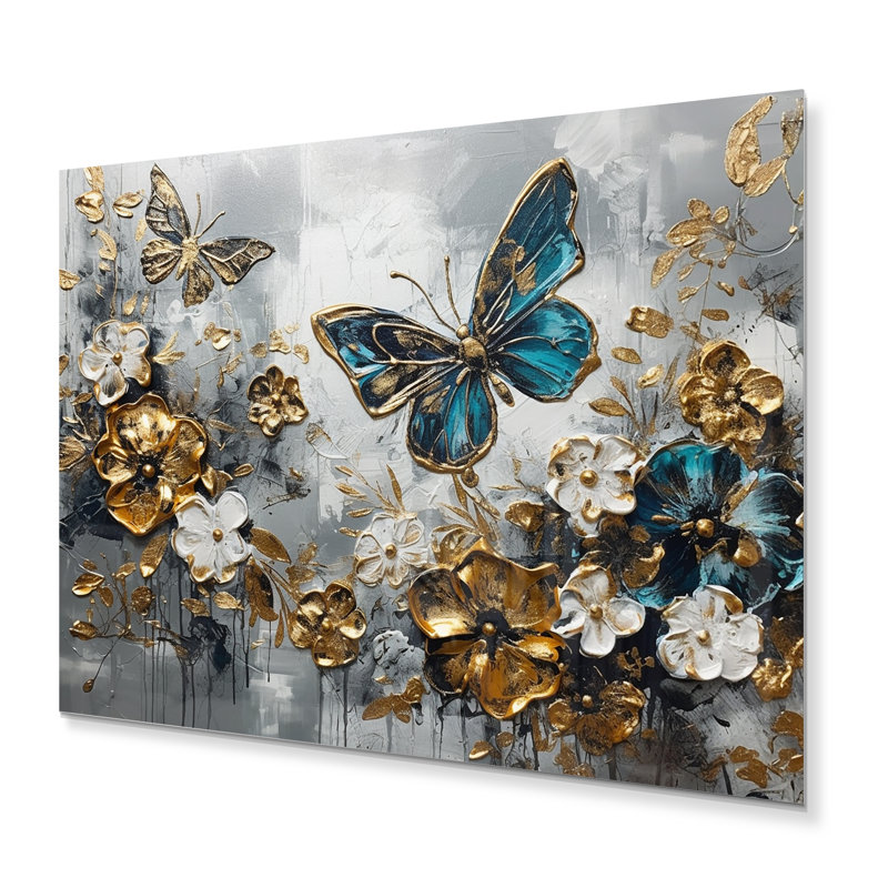 Ailes de papillon doré bleu et fleurs V - Art mural floral en métal, H 30 po x l 40 po