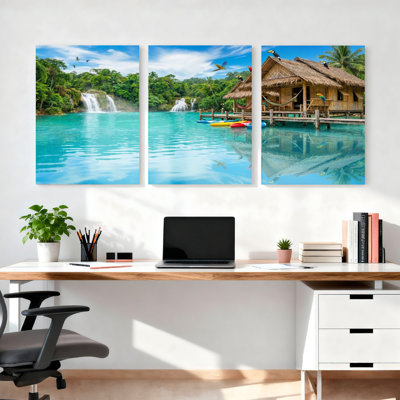 Ensemble de 3 tableaux sur toile représentant une cascade tropicale et une cabane