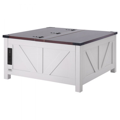 Table basse 36 po Farmhouse, table basse carrée à charnière et plateau relevable avec barre d'alimentation intégrée, table basse rustique en bois pour salon, chambre à coucher, appartement, studio, brun et blanc