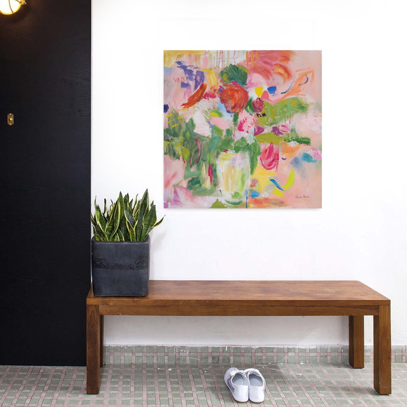 Impressionnisme contemporain rose avec art abstrait bleu, H 32 po x l 32 po