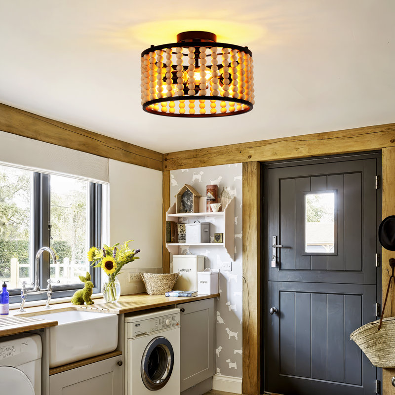 Plafonnier encastré à billes en bois Boho, 13 po de diamètre, noir, 3 lumières E26, Noir