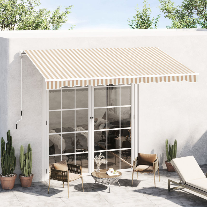 & Water - Auvent de terrasse 13 pi x 8 pi - Manivelle rétractable manuelle, cadre en aluminium pour patio, cour, tissu de parasol de patio pour balcon, cadre, terrasse, balcon, rayures beiges