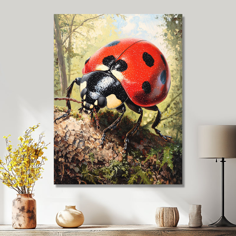 «Curious Spotted Ladybug Forest I», reproduction d'art en métal, impression sur métal, H 32 po x l 16 po
