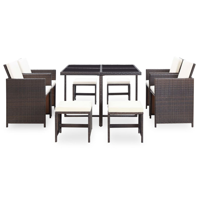 Ensemble de salle à manger Buttram vidaXL, 9 pièces: table, 4 fauteuils et 4 repose-pieds, Coussin blanc/ Cadre brun