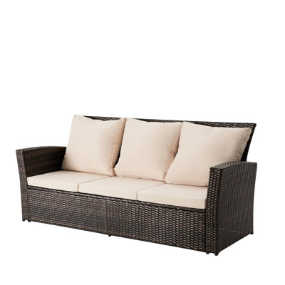 67.7" All-weather 3 For Backyards And Patios, Thick Cushions, Black Frame, Comfortable Seating, Machine-washable Covers Patio Couch With Beige Iron Ideal Relaxing In Sun, Rustproof Frame