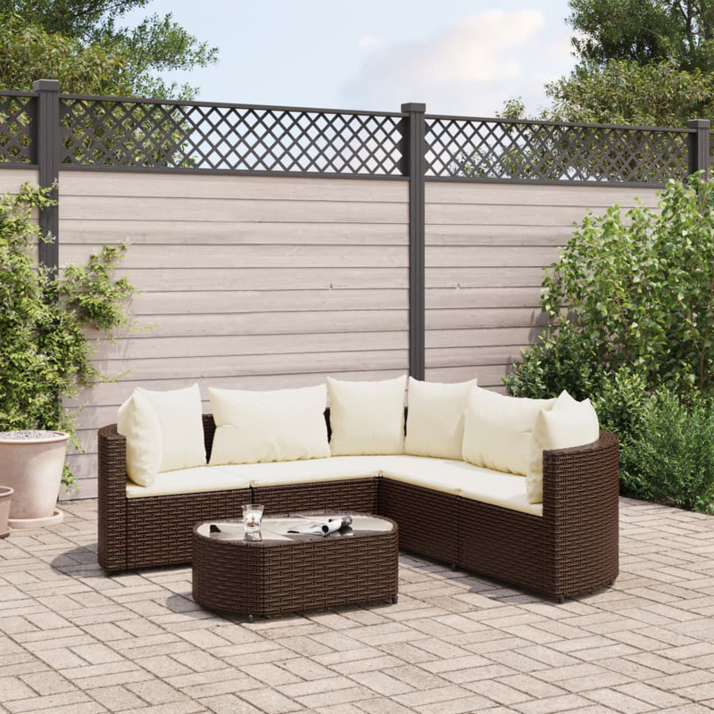 Latitude Run® Patio Sofa Set With Cushions Poly Rattan, Cream White, Brown, 5