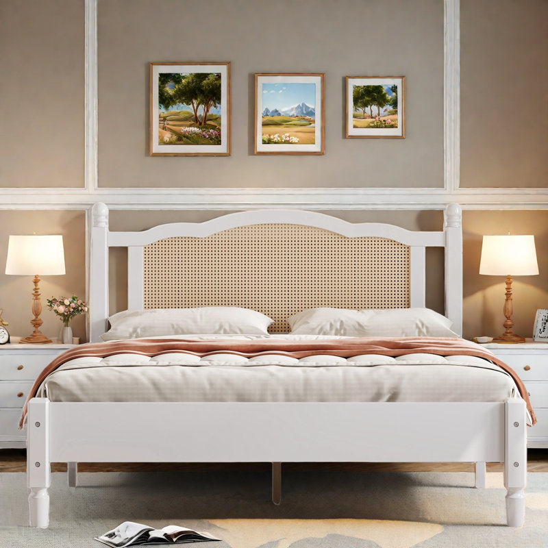 Queen White Pine Wood Platform Bed with Rattan Headboard