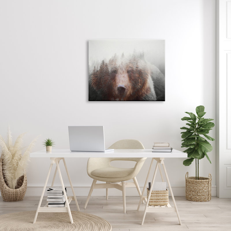 Abstrait, vie sauvage, ours brun, forêt brumeuse, art mural par Daniel Sproul, H 30 po x l 40 po x P 1,5 po